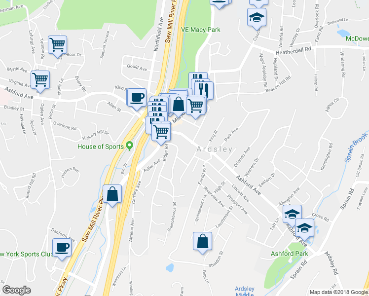 map of restaurants, bars, coffee shops, grocery stores, and more near 1 Lakeview Avenue in Ardsley