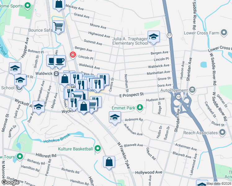 map of restaurants, bars, coffee shops, grocery stores, and more near 5 Richard Drive in Waldwick