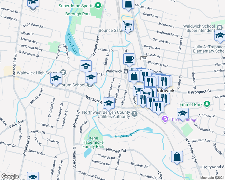 map of restaurants, bars, coffee shops, grocery stores, and more near 11 Wanamaker Avenue in Waldwick