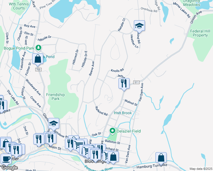 map of restaurants, bars, coffee shops, grocery stores, and more near 24 Forest Drive in Bloomingdale