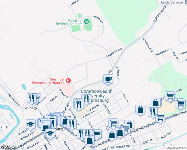 map of restaurants, bars, coffee shops, grocery stores, and more near 801 Lightstreet Road in Bloomsburg
