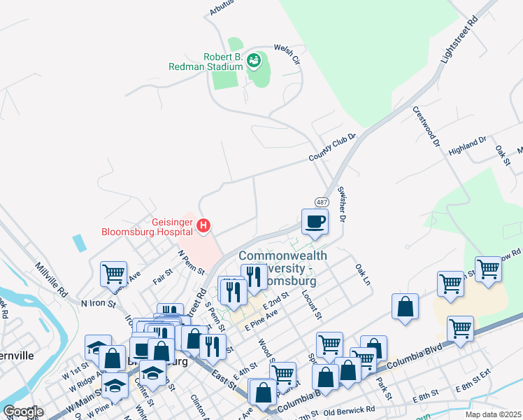 map of restaurants, bars, coffee shops, grocery stores, and more near 602 Honeysuckle Ln in Bloomsburg