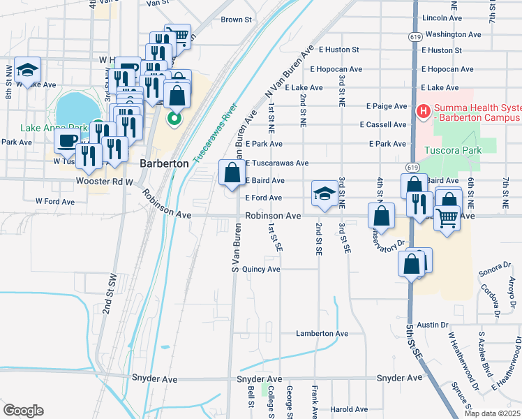map of restaurants, bars, coffee shops, grocery stores, and more near 192 Robinson Avenue in Barberton