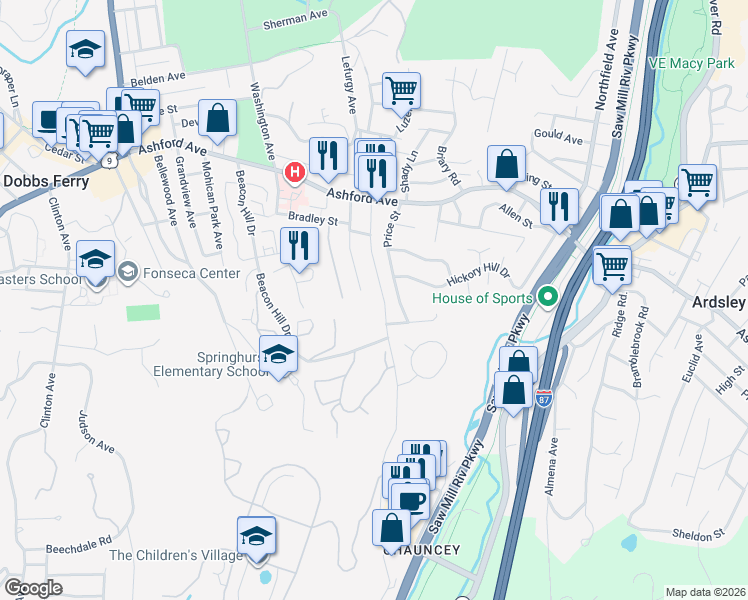 map of restaurants, bars, coffee shops, grocery stores, and more near 200 Beacon Hill Drive in Dobbs Ferry