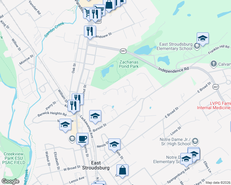 map of restaurants, bars, coffee shops, grocery stores, and more near 90 Stones Throw in East Stroudsburg