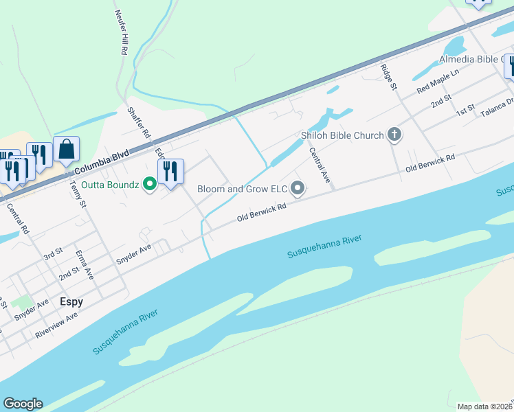 map of restaurants, bars, coffee shops, grocery stores, and more near 3038 Old Berwick Rd in Bloomsburg