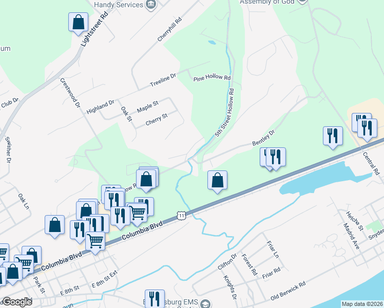 map of restaurants, bars, coffee shops, grocery stores, and more near 2 Bittersweet Dr in Bloomsburg