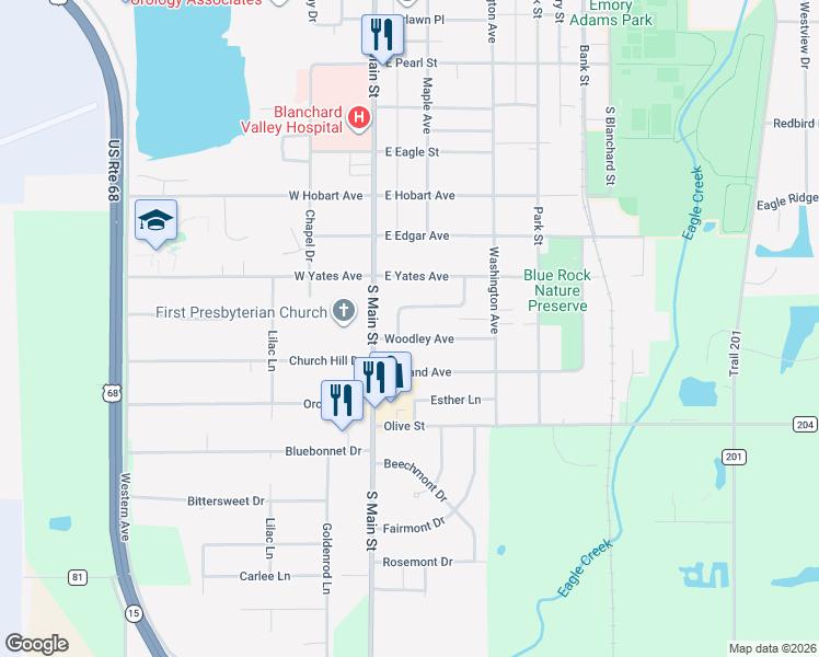map of restaurants, bars, coffee shops, grocery stores, and more near 127 Woodley Avenue in Findlay