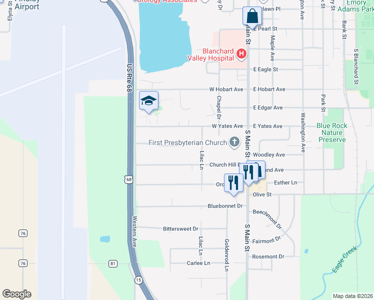 map of restaurants, bars, coffee shops, grocery stores, and more near 206 Church Hill Drive in Findlay
