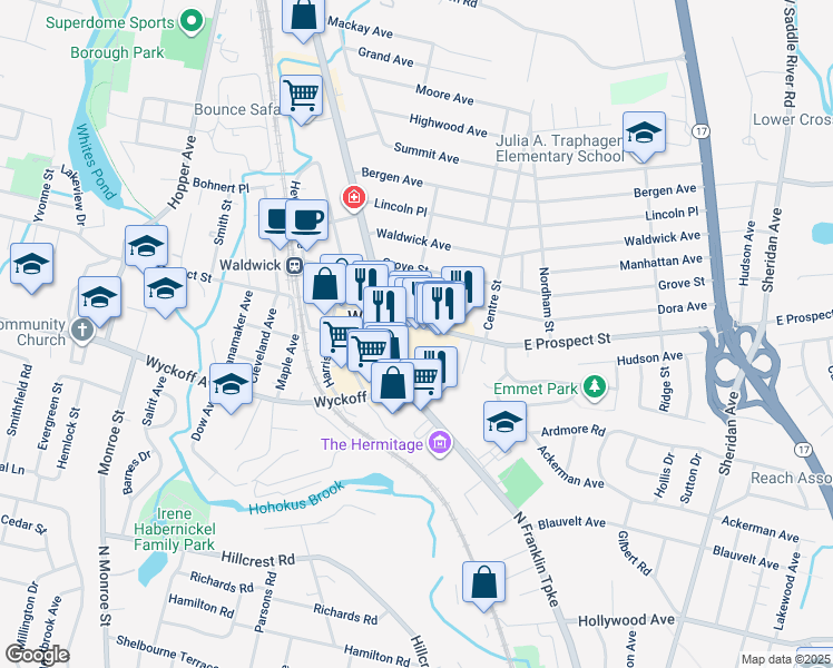 map of restaurants, bars, coffee shops, grocery stores, and more near 14 East Prospect Street in Waldwick