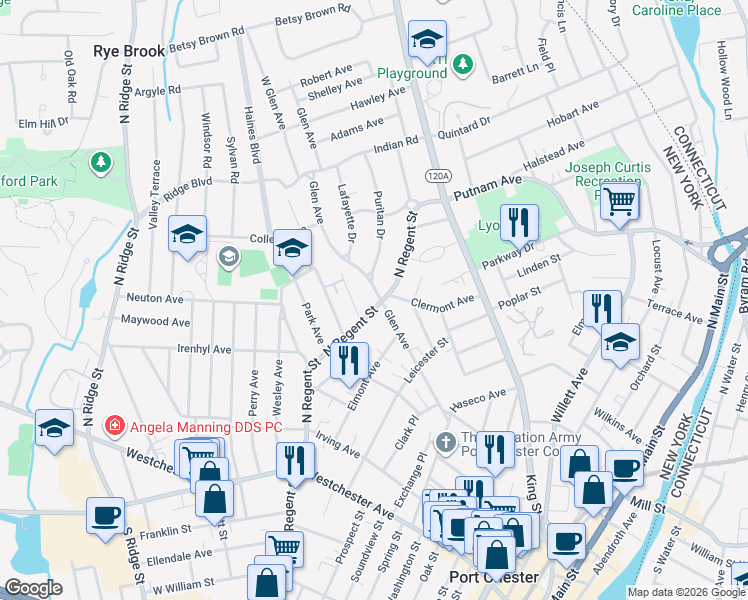 map of restaurants, bars, coffee shops, grocery stores, and more near 169 North Regent Street in Port Chester