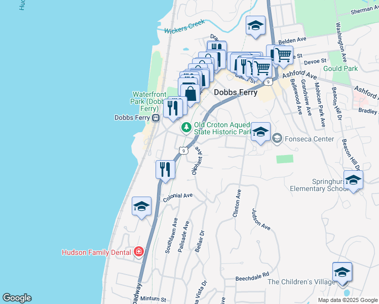 map of restaurants, bars, coffee shops, grocery stores, and more near 222 Broadway in Dobbs Ferry