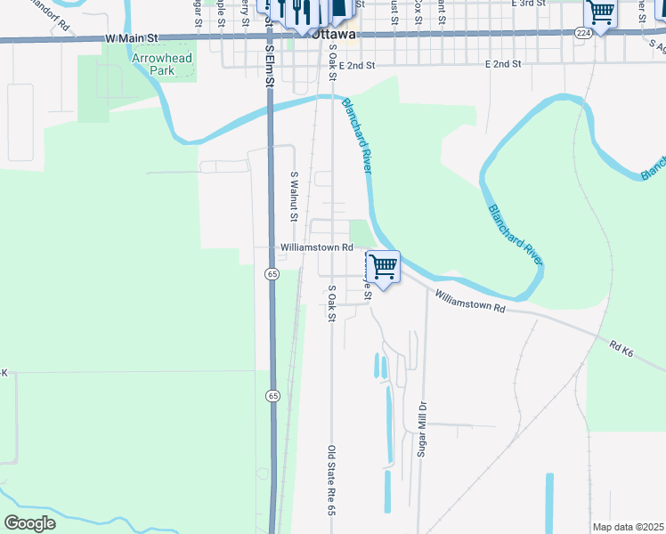 map of restaurants, bars, coffee shops, grocery stores, and more near 639 South Oak Street in Ottawa
