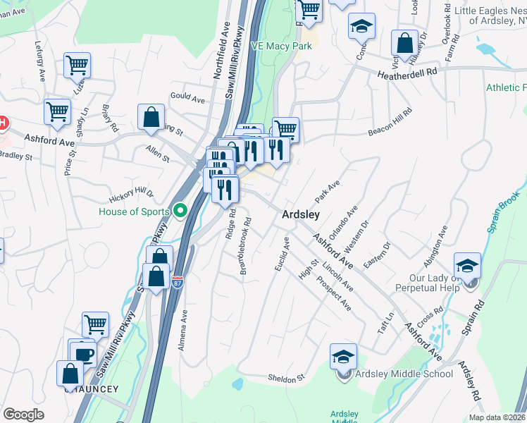 map of restaurants, bars, coffee shops, grocery stores, and more near 506 Ashford Avenue in Ardsley