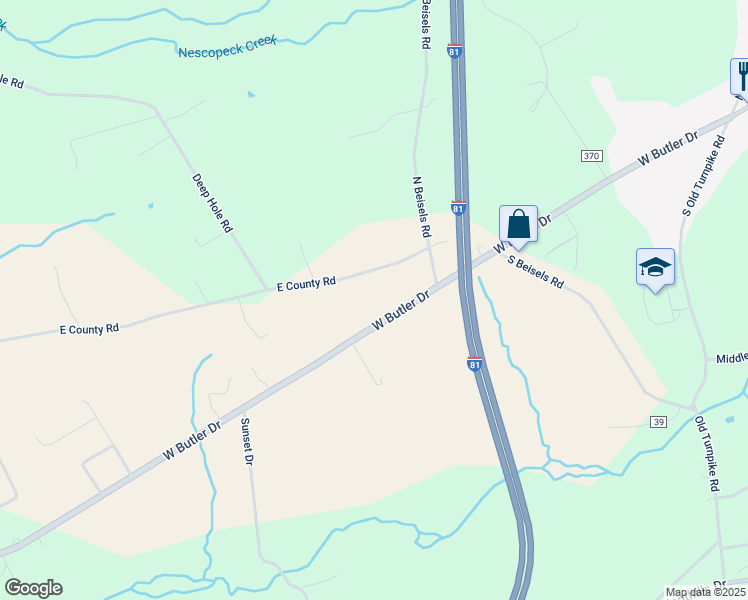 map of restaurants, bars, coffee shops, grocery stores, and more near East County Road in Drums