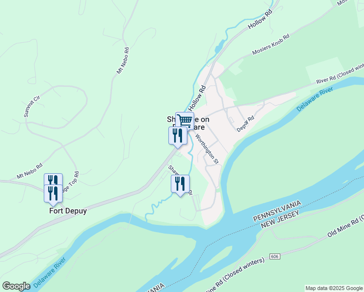 map of restaurants, bars, coffee shops, grocery stores, and more near 532 River Road in East Stroudsburg