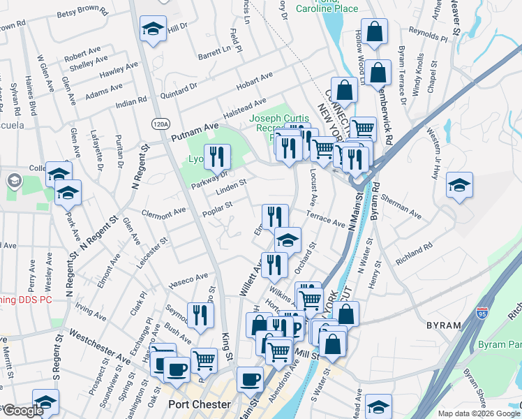 map of restaurants, bars, coffee shops, grocery stores, and more near 241 Mortimer Street in Port Chester