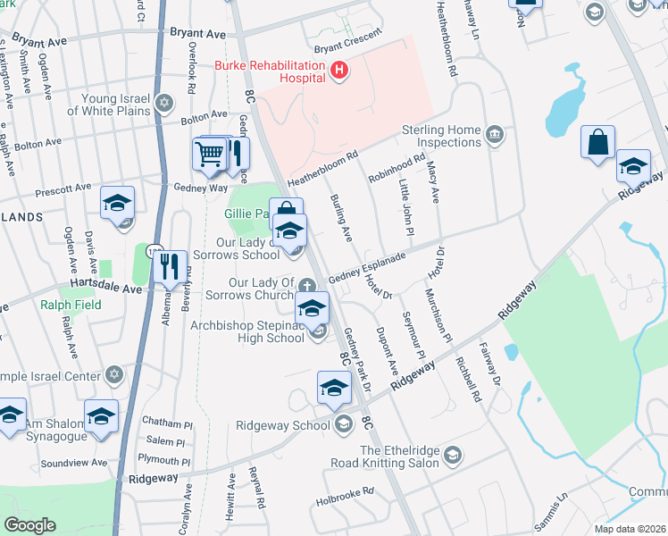 map of restaurants, bars, coffee shops, grocery stores, and more near 25 Burling Avenue in White Plains