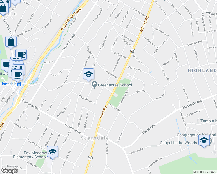 map of restaurants, bars, coffee shops, grocery stores, and more near 12 Montrose Road in Scarsdale