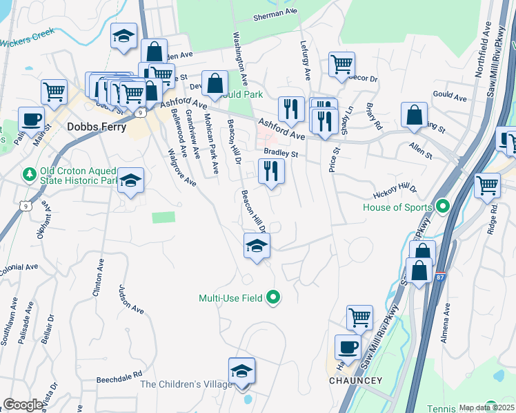 map of restaurants, bars, coffee shops, grocery stores, and more near 139 Beacon Hill Drive in Dobbs Ferry