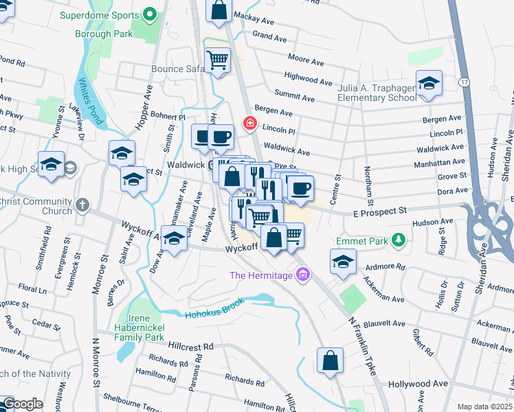 map of restaurants, bars, coffee shops, grocery stores, and more near 13 West Prospect Street in Waldwick