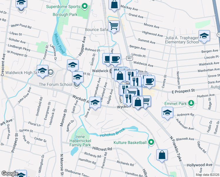 map of restaurants, bars, coffee shops, grocery stores, and more near 36 Maple Avenue in Waldwick