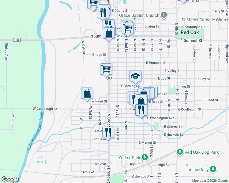 map of restaurants, bars, coffee shops, grocery stores, and more near 103 West Corning Street in Red Oak