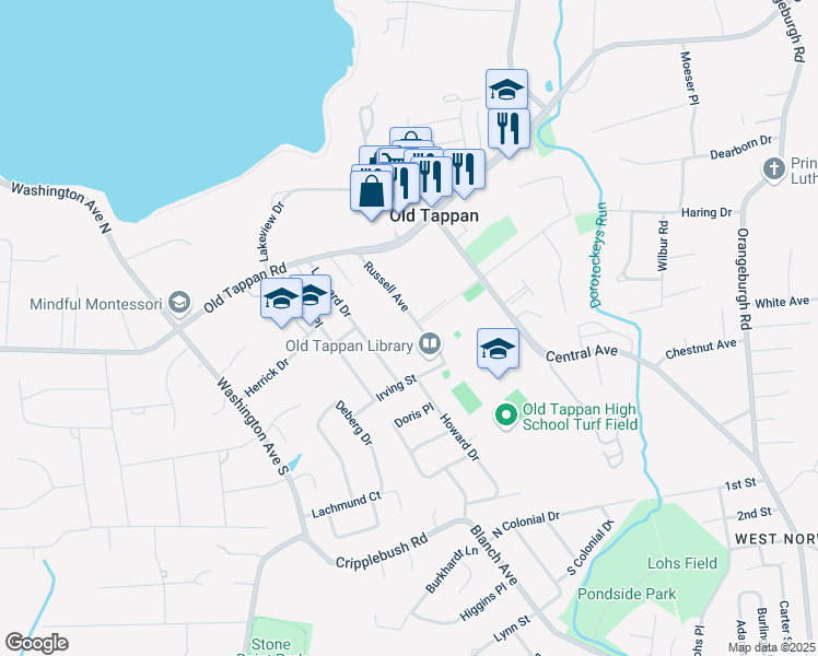 map of restaurants, bars, coffee shops, grocery stores, and more near 40 Russell Avenue in Old Tappan