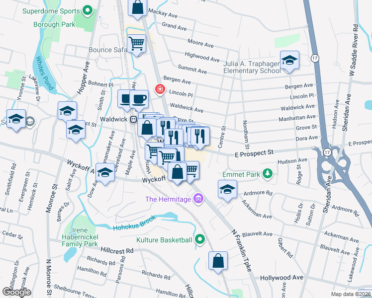 map of restaurants, bars, coffee shops, grocery stores, and more near in Waldwick