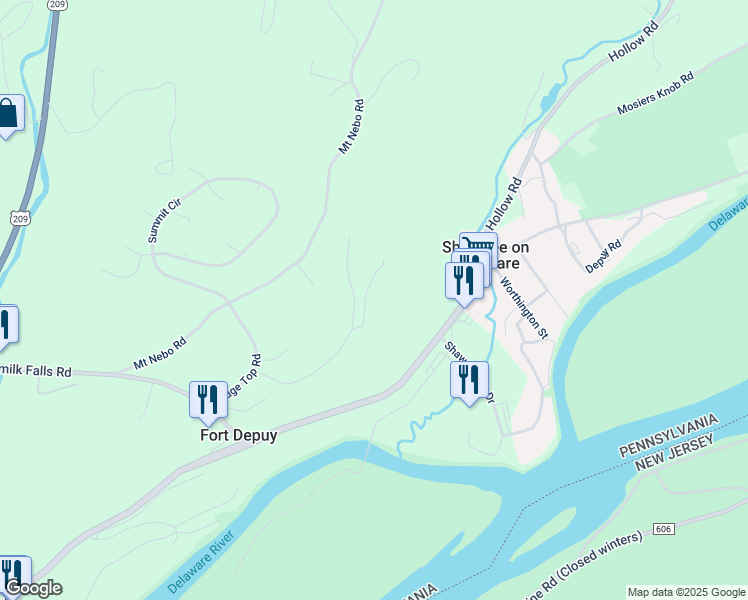 map of restaurants, bars, coffee shops, grocery stores, and more near Valley View Court in Monroe County