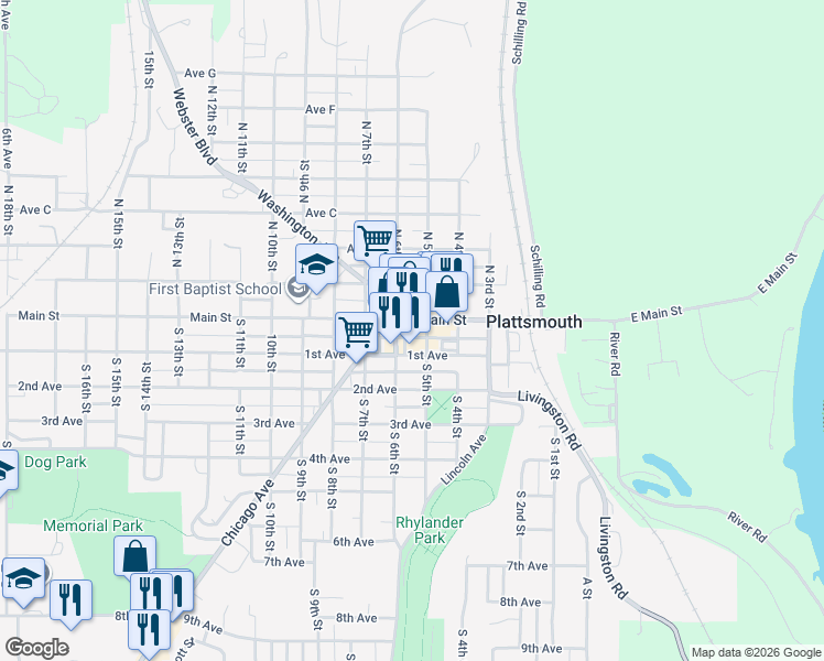 map of restaurants, bars, coffee shops, grocery stores, and more near 521 Main Street in Plattsmouth
