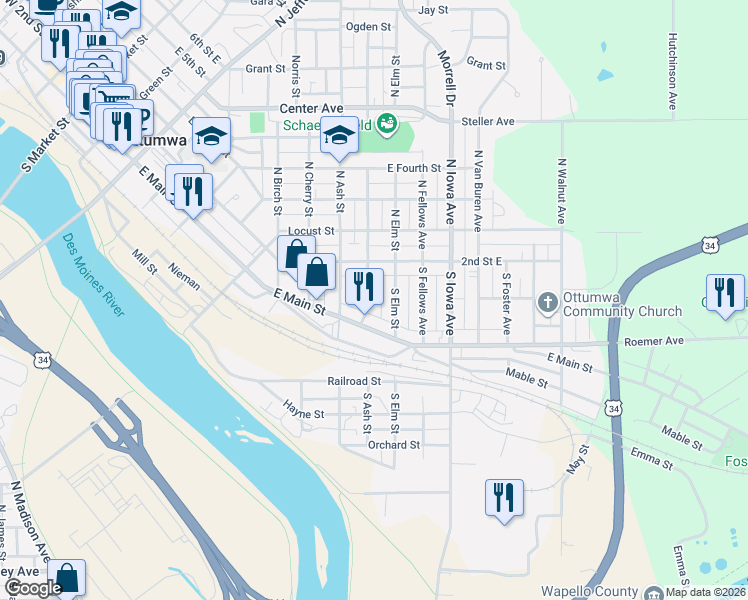 map of restaurants, bars, coffee shops, grocery stores, and more near 111-143 S Elm St in Ottumwa