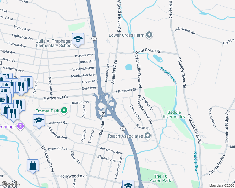 map of restaurants, bars, coffee shops, grocery stores, and more near 7 Westwind Court in Saddle River
