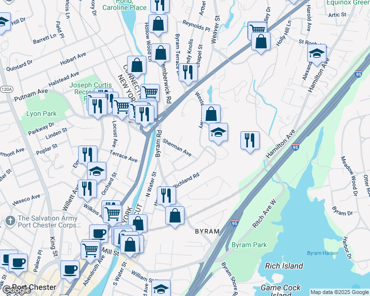 map of restaurants, bars, coffee shops, grocery stores, and more near 12 Sherman Avenue in Greenwich