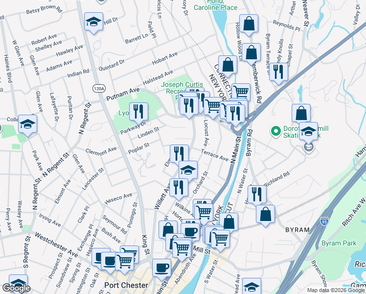 map of restaurants, bars, coffee shops, grocery stores, and more near 221 1/2 Mortimer Street in Port Chester