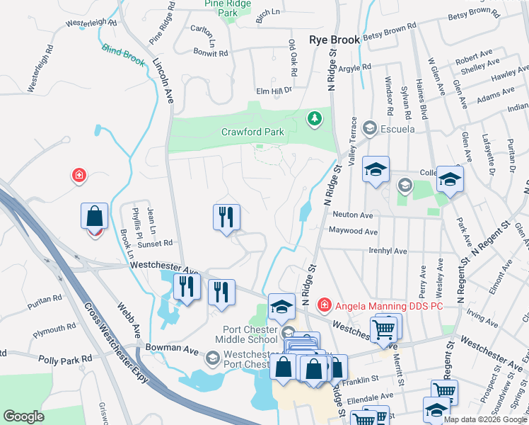 map of restaurants, bars, coffee shops, grocery stores, and more near 23 Wilton Road in Rye Brook