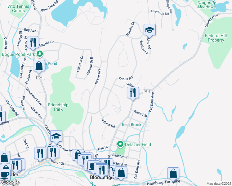 map of restaurants, bars, coffee shops, grocery stores, and more near 77 Forest Drive in Bloomingdale
