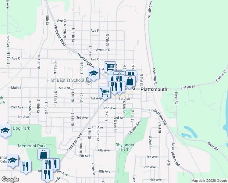 map of restaurants, bars, coffee shops, grocery stores, and more near 506 Main Street in Plattsmouth