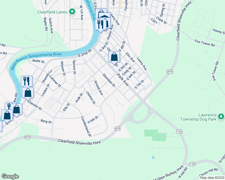 map of restaurants, bars, coffee shops, grocery stores, and more near South 6th Street in Clearfield