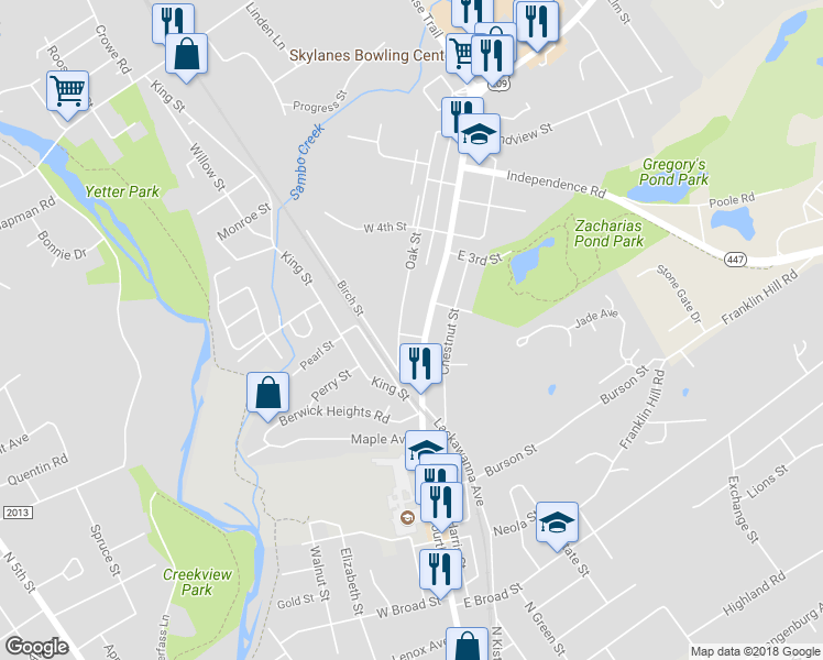 map of restaurants, bars, coffee shops, grocery stores, and more near 1 Spruce Street in East Stroudsburg