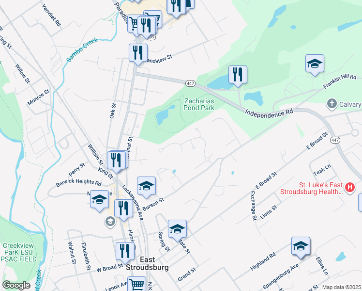 map of restaurants, bars, coffee shops, grocery stores, and more near 120 Jade Avenue in East Stroudsburg