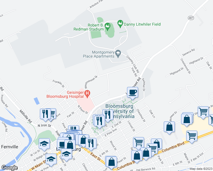 map of restaurants, bars, coffee shops, grocery stores, and more near 602 Honeysuckle Lane in Bloomsburg