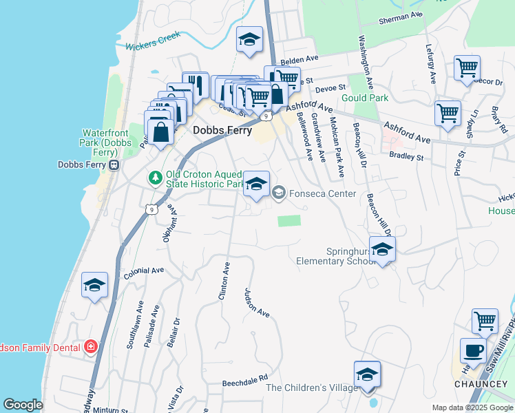 map of restaurants, bars, coffee shops, grocery stores, and more near 49 Clinton Avenue in Dobbs Ferry