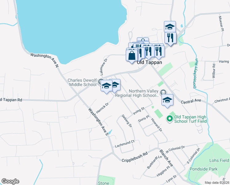 map of restaurants, bars, coffee shops, grocery stores, and more near 21 Charles Place in Old Tappan