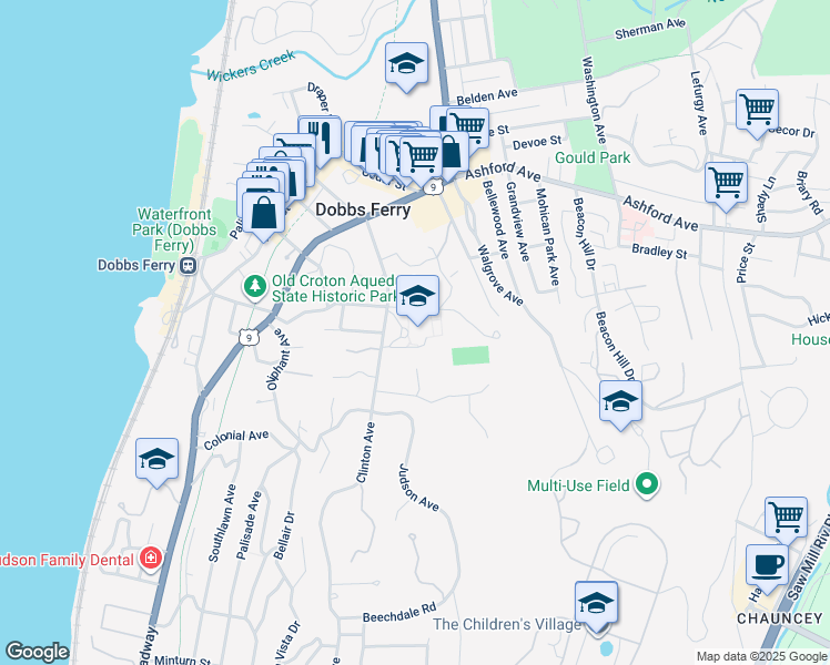 map of restaurants, bars, coffee shops, grocery stores, and more near 49 Clinton Avenue in Dobbs Ferry
