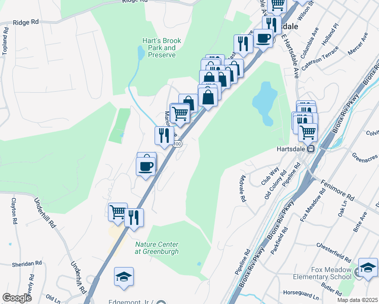 map of restaurants, bars, coffee shops, grocery stores, and more near 300 South Central Avenue in Hartsdale