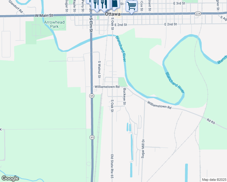 map of restaurants, bars, coffee shops, grocery stores, and more near 639 South Oak Street in Ottawa