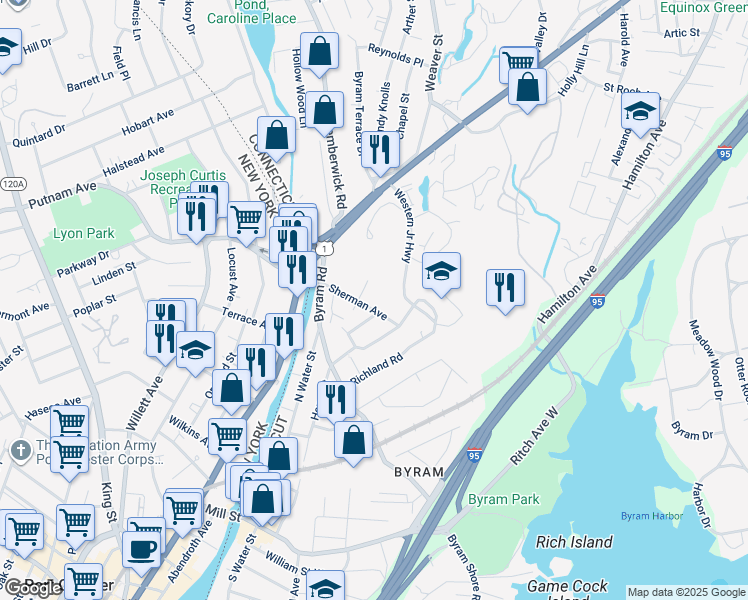 map of restaurants, bars, coffee shops, grocery stores, and more near 12 Sherman Avenue in Greenwich
