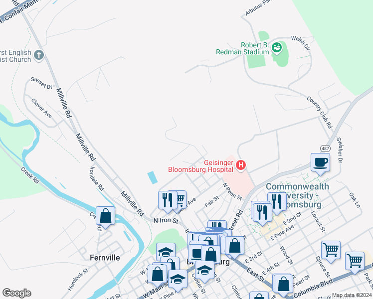 map of restaurants, bars, coffee shops, grocery stores, and more near 200 Franklin Street in Bloomsburg