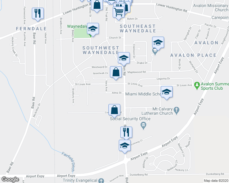 map of restaurants, bars, coffee shops, grocery stores, and more near 2409 Saint Louis Avenue in Fort Wayne